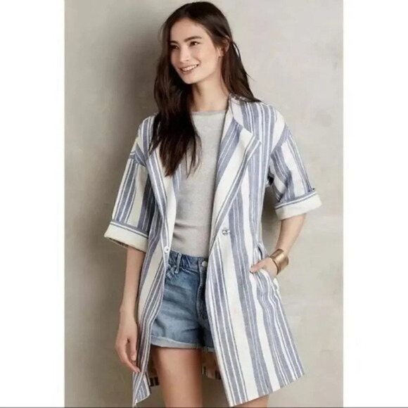 Anthropologie Elevenses North Channel Blue Stripe Linen Coat S - Picture 1 of 7